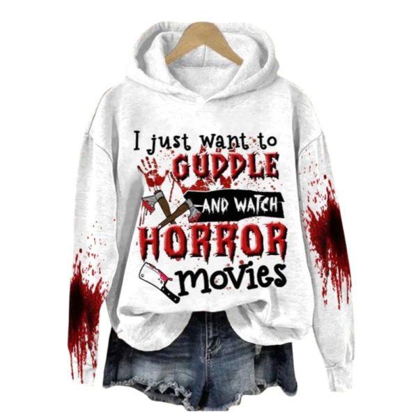2025 Halloween I Just Want to Hug and Watch Horror Movies Printed Hooded Sweatshirt 1 2