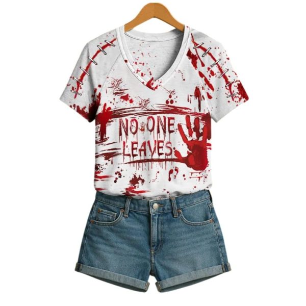 2025 Halloween Womens Blood Stains Print V Neck Casual T Shirt 1 2