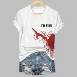 2025 Halloween Women's I'm Fine Bloodstain Print V-Neck T-Shirt