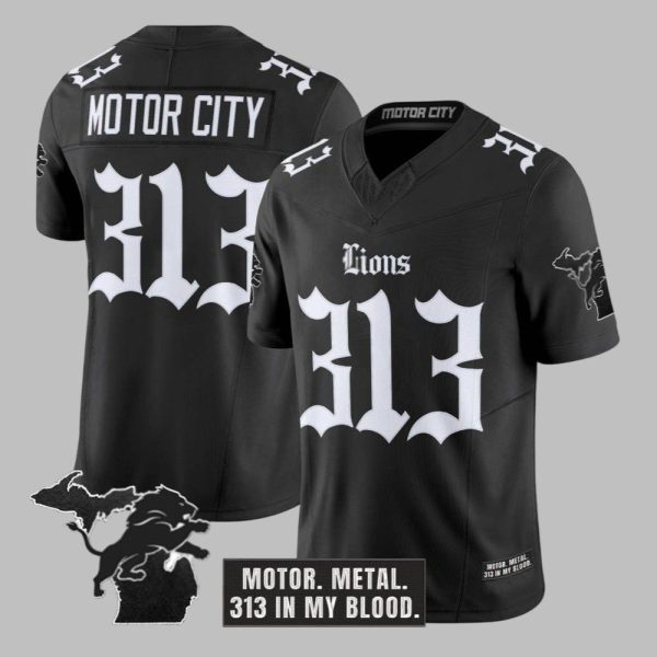 2025 Lions Motor City Motor Metal 313 In My Blood Football Jersey 1 1