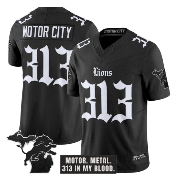 2025 Lions Motor City Motor Metal 313 In My Blood Football Jersey 1 2