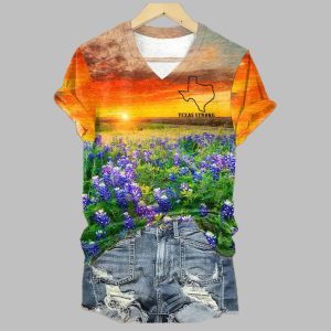 Women's Retro Texas Strong Bluebonnet Print V Neck T-Shirt