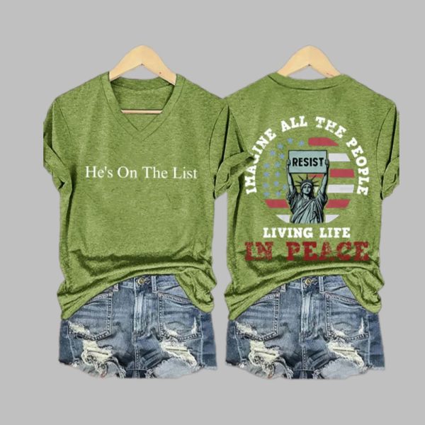 Hes On The List Imagine All The People Living Life in Peace Print V Neck T shirt 1
