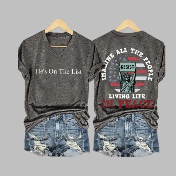 Hes On The List Imagine All The People Living Life in Peace Print V Neck T shirt 2