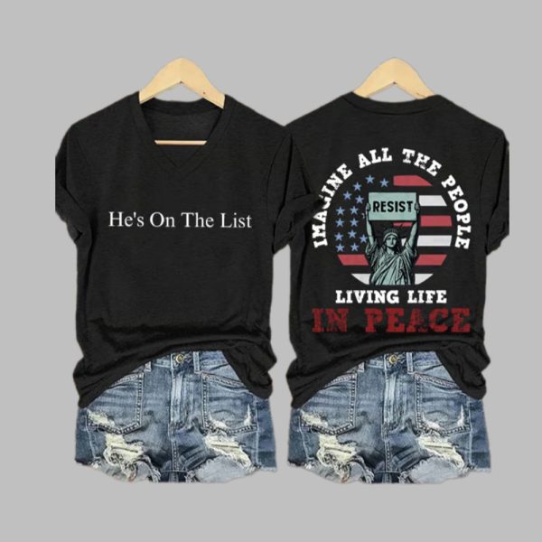 Hes On The List Imagine All The People Living Life in Peace Print V Neck T shirt 3