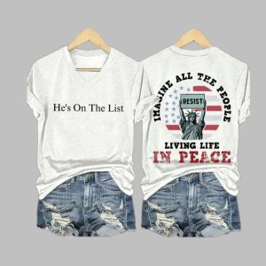 He's On The List Imagine All The People Living Life in Peace Print V Neck T-shirt
