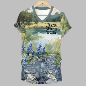 Women's Texas Strong Prayers For Texas Bluebonnet Print V Neck T-Shirt
