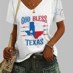 V-Neck Retro Texas Strong God Bless Texas Print T-Shirt