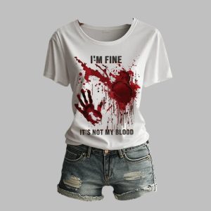 2025 Halloween Women's I'm Fine It's Not My Blood Print Crew Neck T-Shirt