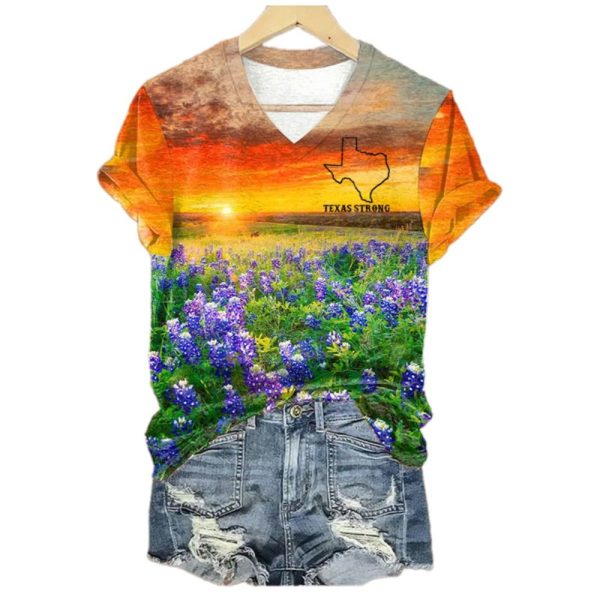 Womens Retro Texas Strong Bluebonnet Print V Neck T Shirt 1 2