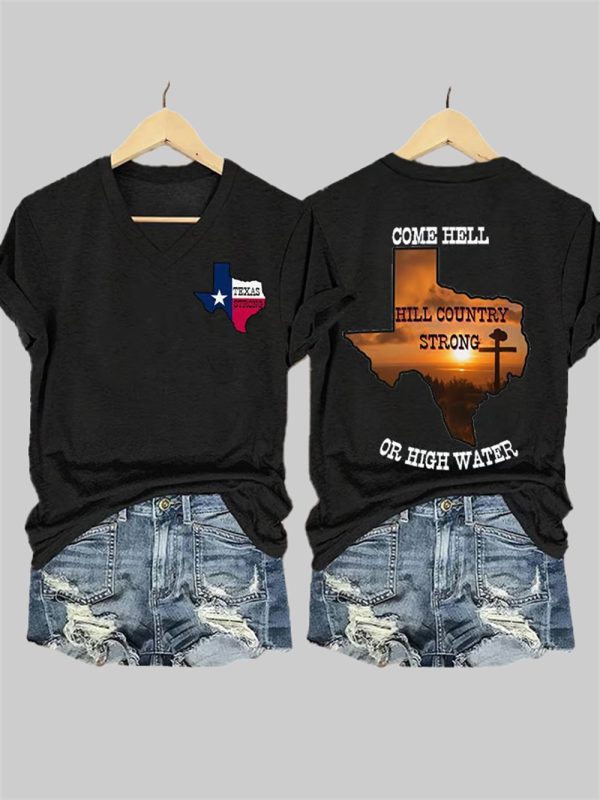 Women's Texas Strong Come Hell Or High Water Hill Country Print T-shirt
