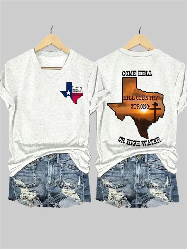 Womens Texas Strong Come Hell Or High Water Hill Country Print T shirt 3