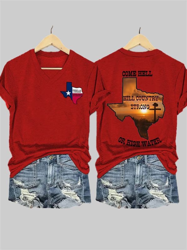 Womens Texas Strong Come Hell Or High Water Hill Country Print T shirt 4