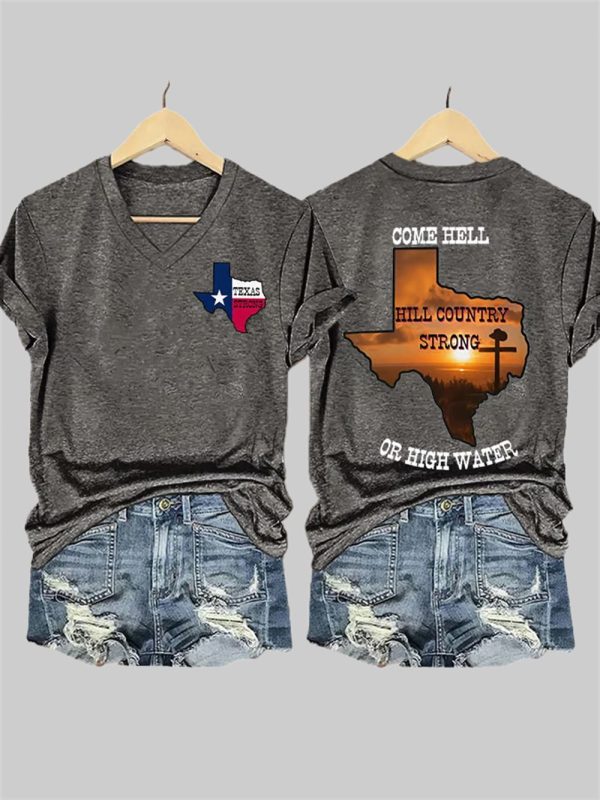 Womens Texas Strong Come Hell Or High Water Hill Country Print T shirt 5
