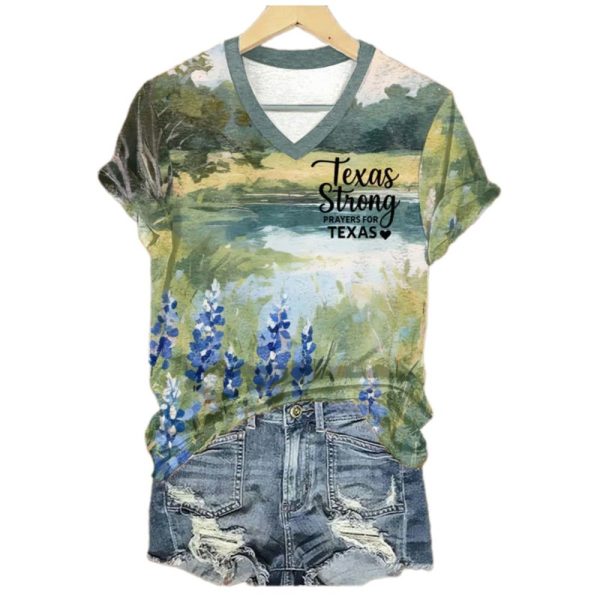 Womens Texas Strong Prayers For Texas Bluebonnet Print V Neck T Shirt 1 2