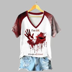 2025 Halloween Women's I'm OK It's Not My Blood Bloodstain Problem Solved Print T-Shirt