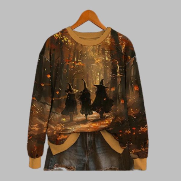 2025 Casual Halloween Maple Forest Witches Print Sweatshirt 1 1