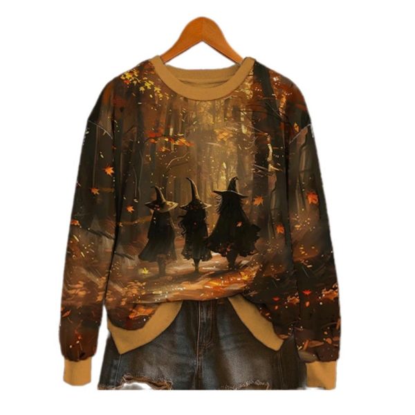 2025 Casual Halloween Maple Forest Witches Print Sweatshirt 1 2