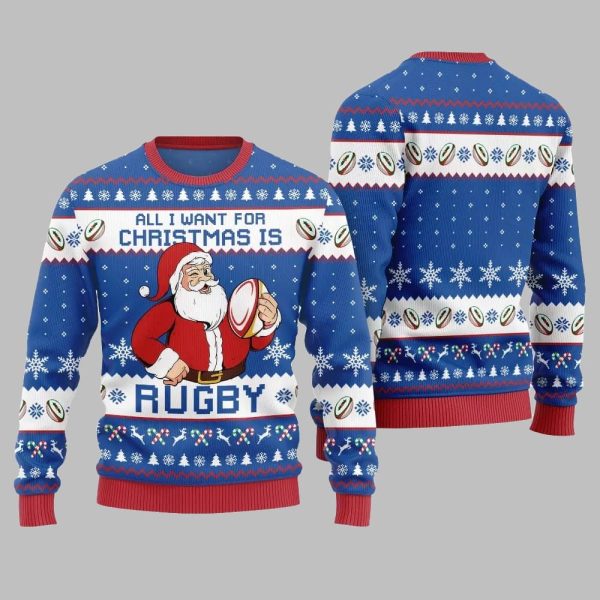 2025 Christmas All I Want For Christmas Is Rugby Ugly Christmas Sweater 1