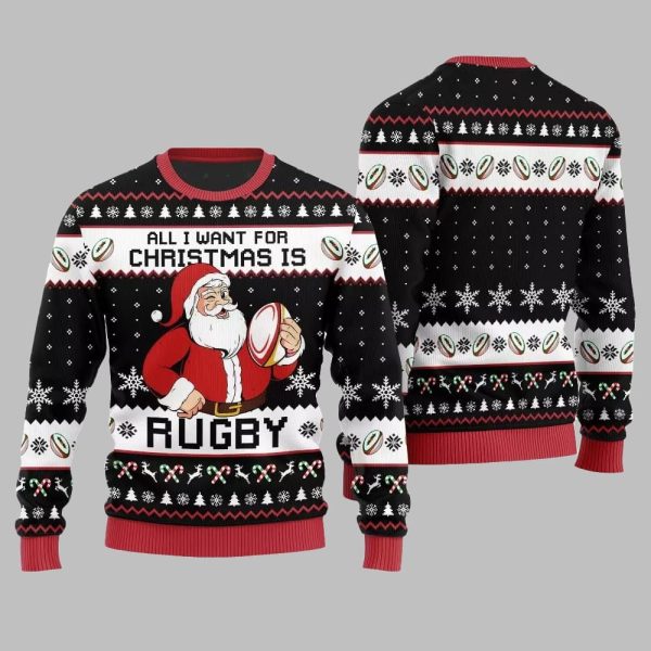2025 Christmas All I Want For Christmas Is Rugby Ugly Christmas Sweater 2