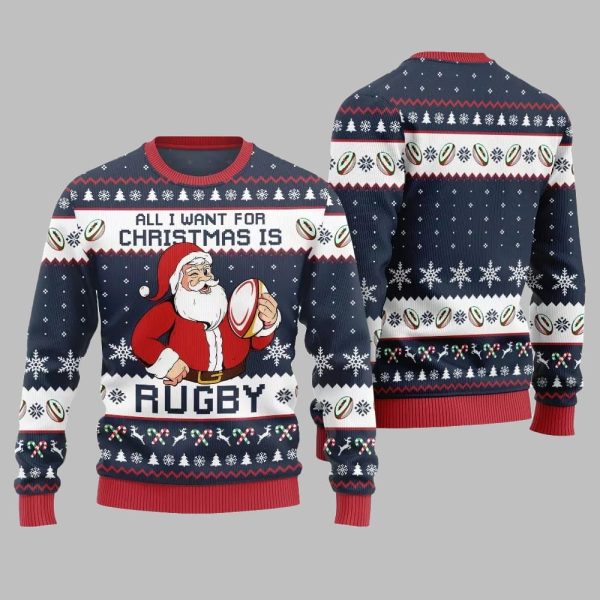 2025 Christmas All I Want For Christmas Is Rugby Ugly Christmas Sweater 4
