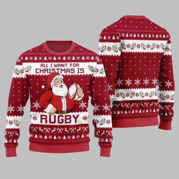 2025 Christmas All I Want For Christmas Is Rugby Ugly Christmas Sweater 5