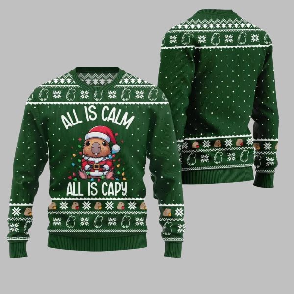 2025 Christmas All Is Calm Capybara Ugly Christmas Sweater 4