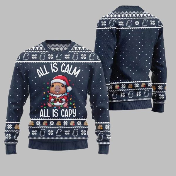2025 Christmas All Is Calm Capybara Ugly Christmas Sweater 5
