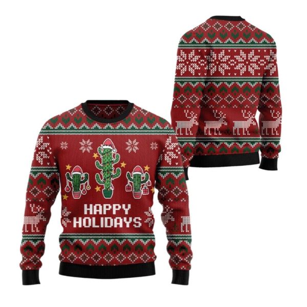 2025 Christmas Cactus Happy Holidays Ugly Christmas Sweater 1 2