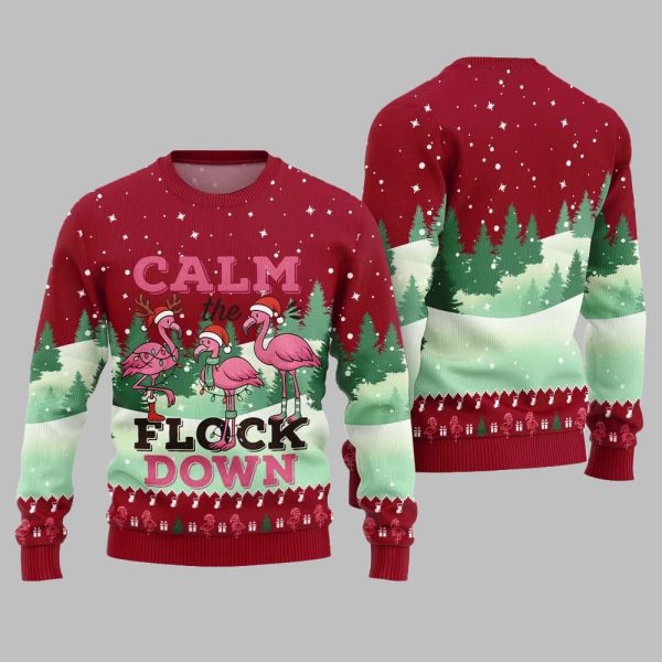 2025 Christmas Calm The Flock Down Ugly Christmas Sweater 1