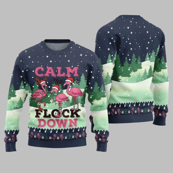 2025 Christmas Calm The Flock Down Ugly Christmas Sweater 5
