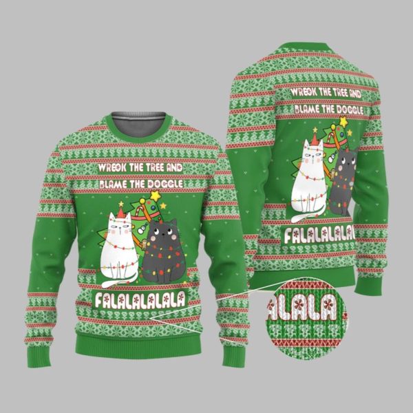2025 Christmas Cat Wreck The Tree And Blame The Doggle Ugly Christmas Sweater 1 1