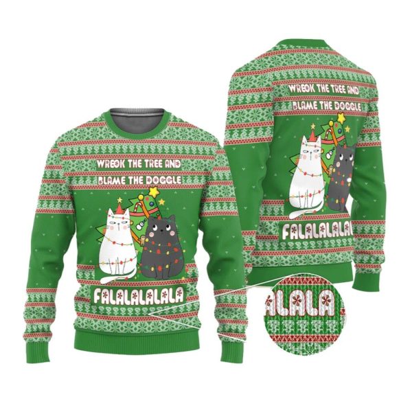 2025 Christmas Cat Wreck The Tree And Blame The Doggle Ugly Christmas Sweater 1 2