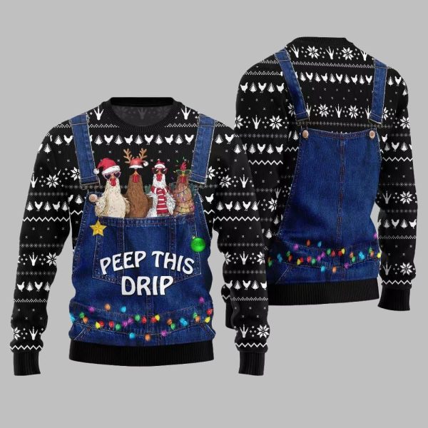 2025 Christmas Chicken Peep This Drip Ugly Christmas Sweater 3