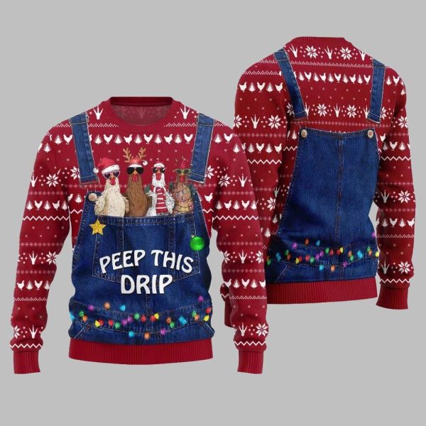 2025 Christmas Chicken Peep This Drip Ugly Christmas Sweater 4