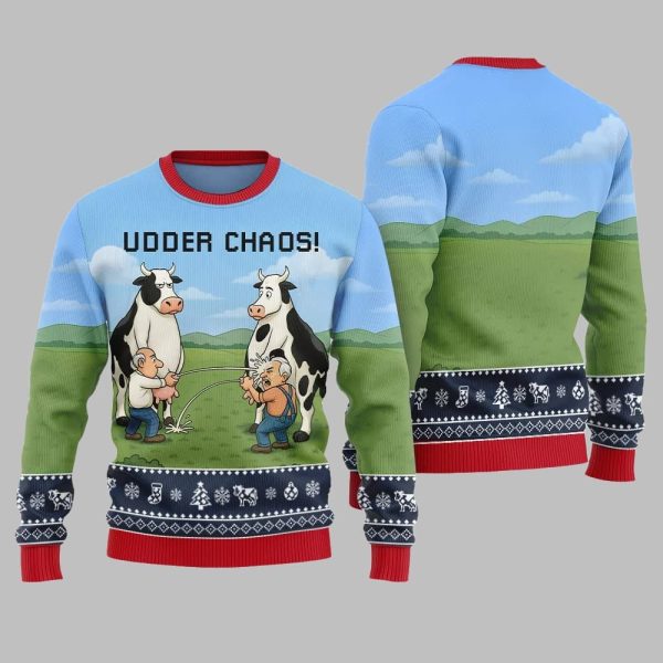 2025 Christmas Cow Udder Chaos Ugly Christmas Sweater 3