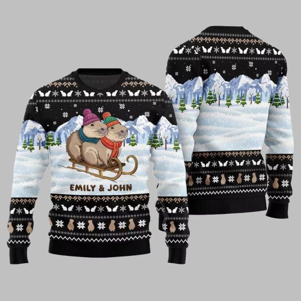 2025 Christmas Custom Name Couple Capybaras Ugly Christmas Sweater 3