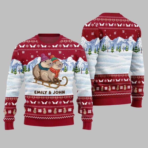 2025 Christmas Custom Name Couple Capybaras Ugly Christmas Sweater 4
