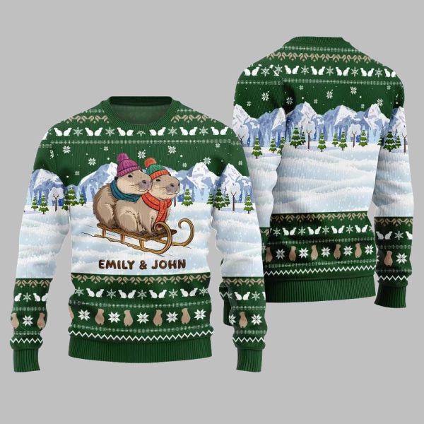2025 Christmas Custom Name Couple Capybaras Ugly Christmas Sweater 5