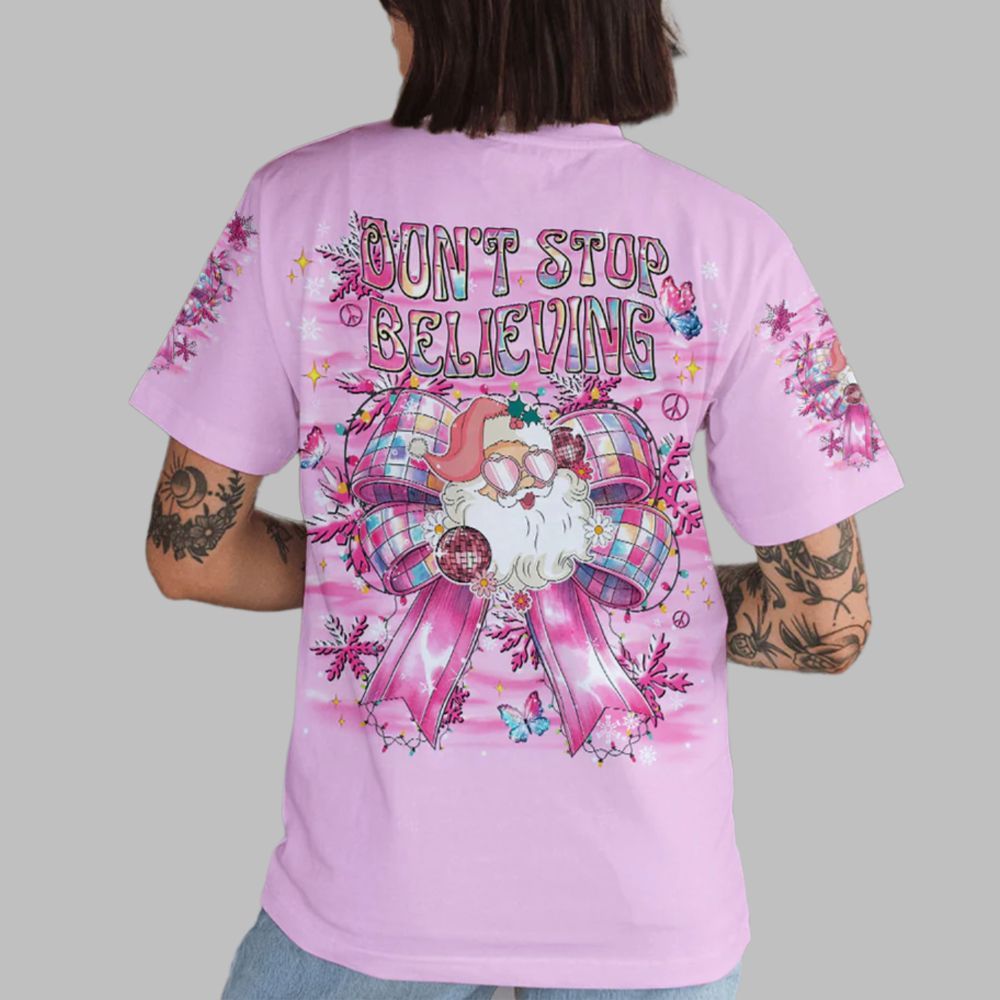 2025 Christmas Don't Stop Believe Bow Santa Claus Shirt 2025 Christmas Don't Stop Believe Bow Santa Claus Shirt