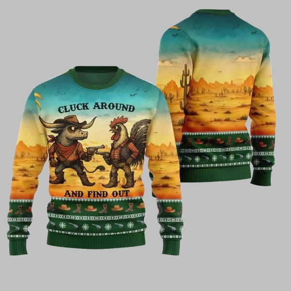 2025 Christmas Fearless Cowboy Cow And Chicken Tree Ugly Christmas Sweater 1