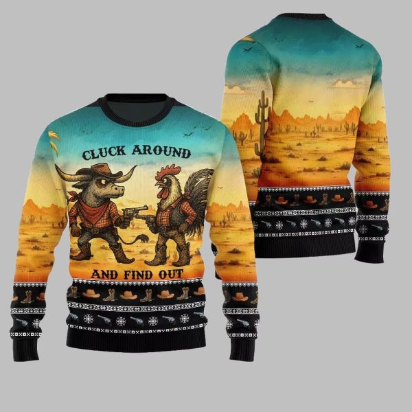 2025 Christmas Fearless Cowboy Cow And Chicken Tree Ugly Christmas Sweater 2