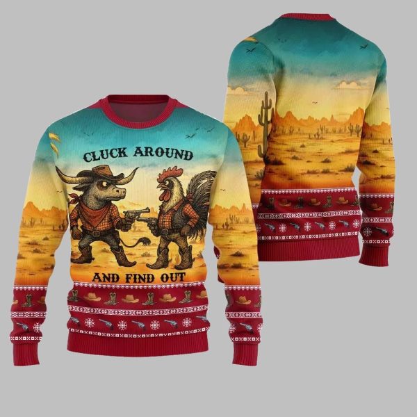 2025 Christmas Fearless Cowboy Cow And Chicken Tree Ugly Christmas Sweater 3