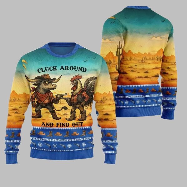 2025 Christmas Fearless Cowboy Cow And Chicken Tree Ugly Christmas Sweater 4
