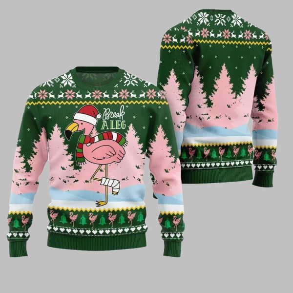 2025 Christmas Flamingo Break A Leg Ugly Christmas Sweater 3