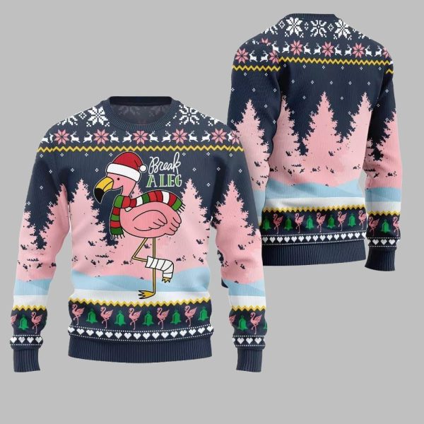 2025 Christmas Flamingo Break A Leg Ugly Christmas Sweater 4