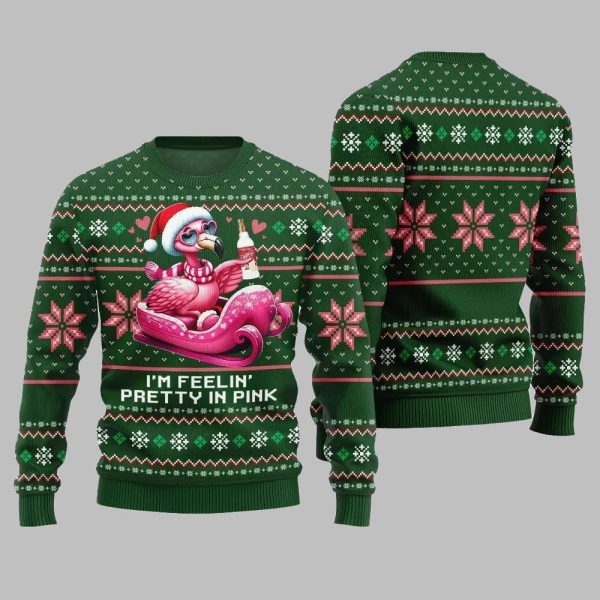 2025 Christmas Flamingo Im Feelin Pretty In Pink Ugly Christmas Sweater 1