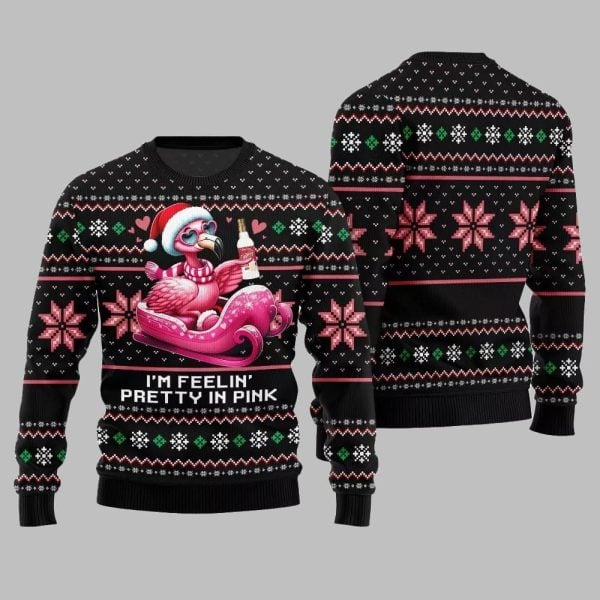 2025 Christmas Flamingo Im Feelin Pretty In Pink Ugly Christmas Sweater 2
