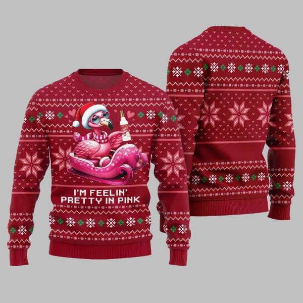 2025 Christmas Flamingo Im Feelin Pretty In Pink Ugly Christmas Sweater 4