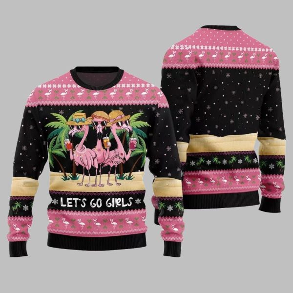 2025 Christmas Flamingo Lets Go Girls Ugly Christmas Sweater 2